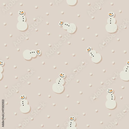 messy cute smiling snowmen and white snow dots floating in a beige background colorful winter mood vector seamless pattern 