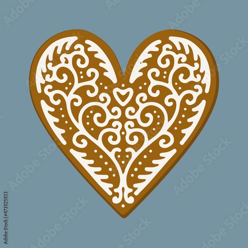 heart shaped gingerbread cookie decorated with white icing isolated vector holiday centerpiece illustration on blue background