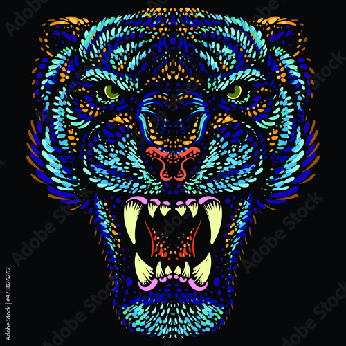 The Vector logo tiger for tattoo or T-shirt design or outwear.  Hunting style big cat print on black background. This hand drawing is for black fabric or canvas. New Year of the Blue Water Tiger 2022