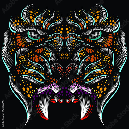 The Vector logo tiger for tattoo or T-shirt design or outwear.  Hunting style big cat print on black background. This hand drawing is for black fabric or canvas. New Year of the Blue Water Tiger 2022