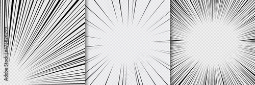 Manga radial lines. Comic speed effect. Cartoon splash frame on transparent background. Crash explosion bang banner. Anime motion zoom. Set of superhero borders with rays. Vector illustration