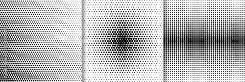 Halftone dots pattern. Comic pop art gradient. Half tone radial fade background. Set of monochrome banners. Black white duotone print. Anime retro backdrop. Cartoon texture. Vector illustration