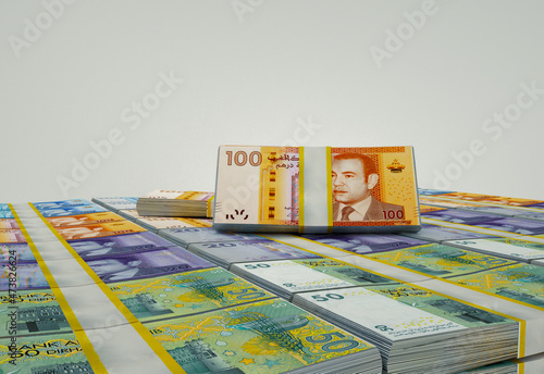 Money stacks. 200, 100 and 50 Moroccan dirhamss. 3D illustration.. photo