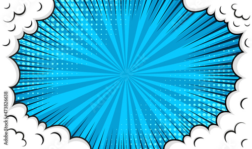 Pop art background with clouds, frame and halftone. Cartoon Superhero banner. Funny shape in comic style. Retro blue poster with balloons. Sky air texture. Vintage sunburst effect. Vector illustration