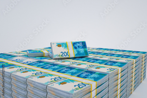 Money of Israel. Israeli new shell bills. ILS banknotes. 200 shekels. Business finance news background. 3d illustration. photo