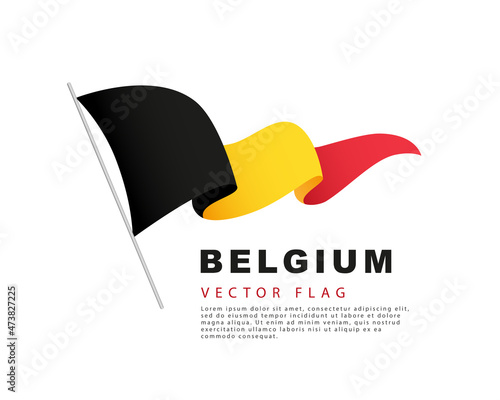 The flag of Belgium hangs from a flagpole and flutters in the wind. Vector illustration isolated on white background.
