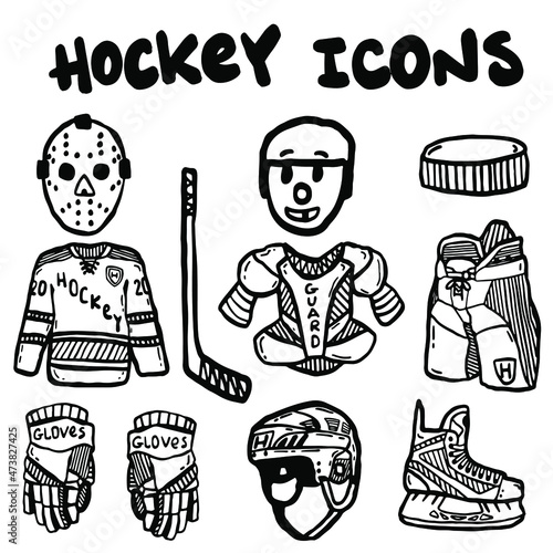 Hockey equipment icon set in doodle style