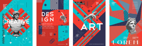 Art posters. Drawings and geometric shapes. Exhibition of painting. Abstract. Antique statues. Set of vector illustration.