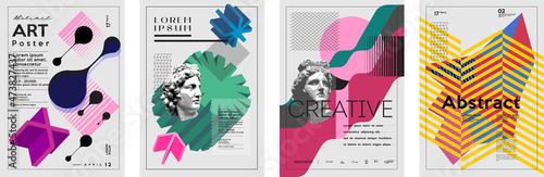 Art posters. Drawings and geometric shapes. Exhibition of painting. Abstract. Antique statues. Set of vector illustration.