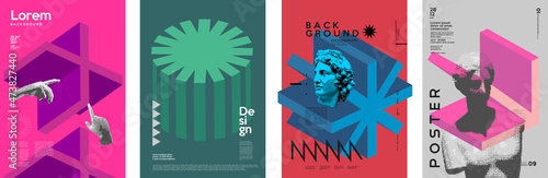 Art posters. Drawings and geometric shapes. Exhibition of painting. Abstract. Antique statues. Set of vector illustration.
