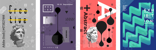 Art posters. Drawings and geometric shapes. Exhibition of painting. Abstract. Antique statues. Set of vector illustration.
