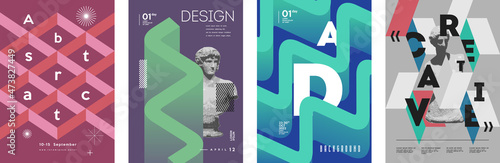 Art posters. Drawings and geometric shapes. Exhibition of painting. Abstract. Antique statues. Set of vector illustration.