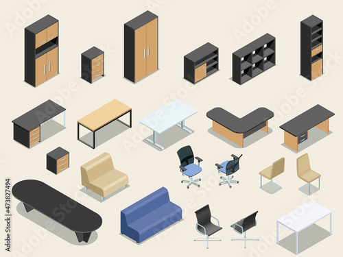 Office furniture isometric illustration collection. Flat isometric vector illustration.
