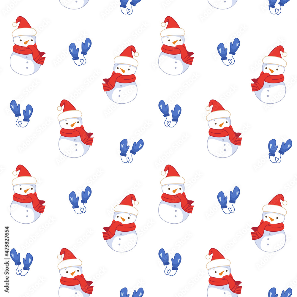 Fototapeta premium Cute Snowmen in red Santa Claus hats and mittens on a white background. Seamless pattern for the New Year. Christmas illustrations in cartoon childish style.