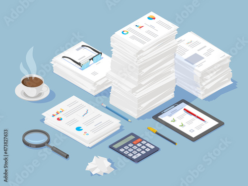 Large stack of complex paper documents, magnifier calculator, coffee cup, stationery.
