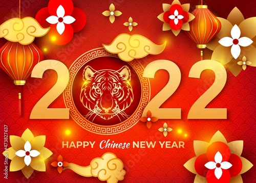 Happy Chinese Twenty Two New Year Concept Poster Card with Flowers and Decoration Clouds. Vector illustration of Traditional Lunar Holiday