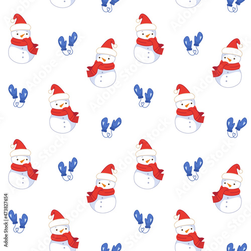 Cute Snowmen in red Santa Claus hats and mittens on a white background. Seamless pattern for the New Year. Christmas illustrations in cartoon childish style.