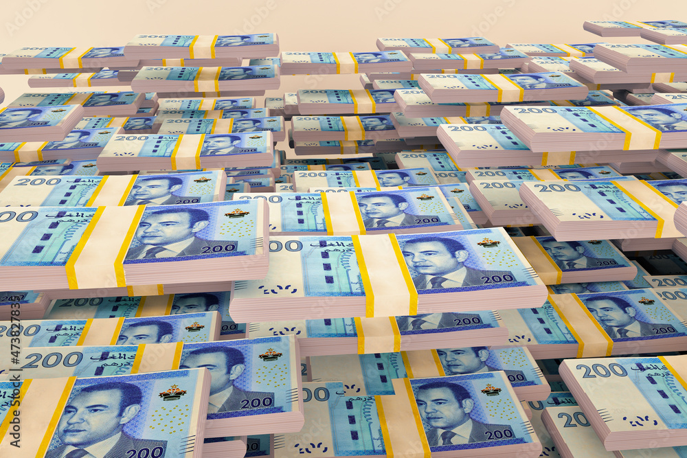 Naklejka premium Money stacks. 200 Moroccan dirhams. 3D illustration.