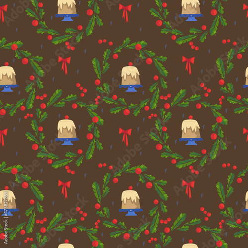Christmas wreaths with red berries and bows, strudel with cherries. Seamless pattern for the New Year on a brown background. Christmas illustrations in cartoon childish style.