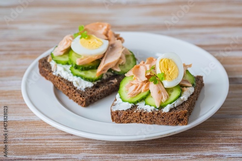 Smorrebrod, an open sandwich with boiled salmon, cream cheese, quail egg and cucumber slices on a white plate on a wooden background. Sandwich recipes.