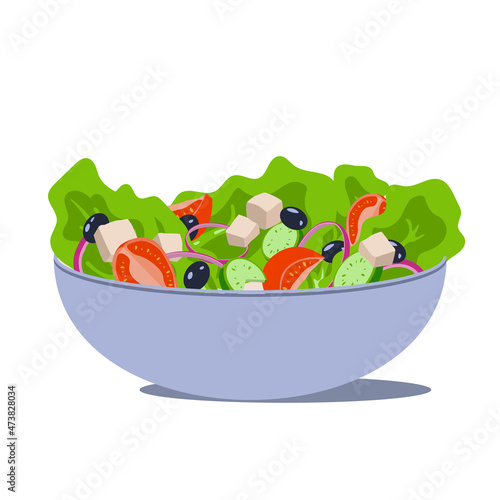 Greek salad cartoon vector illustration. Bowl full of vegetable salad. Vegan food recipe. Vegetarian dish isolated on white background.