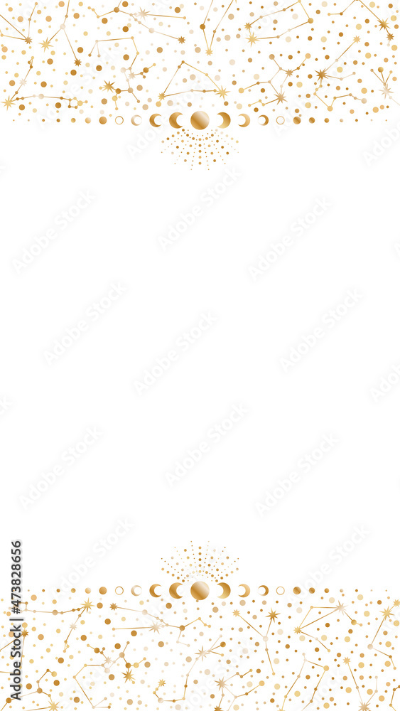 Vector zodiac constellations background with copy space. Shiny golden