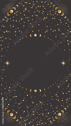 Dark celestial background with a round copy space. Golden astrological frame with stars and moon phases on a black. Vector mystic card template for stories and web banners with a place for text