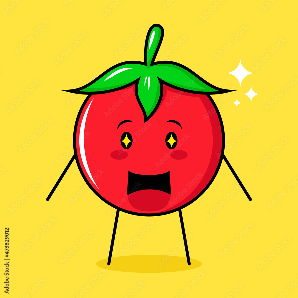 Fototapeta premium cute tomato character with happy expression, mouth open and sparkling eyes. green, red and yellow. suitable for emoticon, logo, mascot