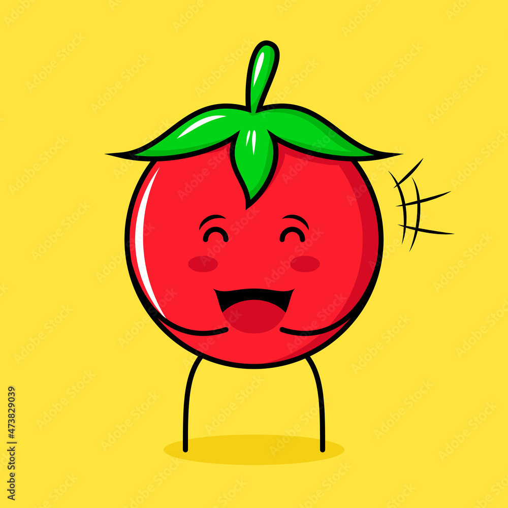 Obraz premium cute tomato character with happy expression, close eyes and mouth open. green, red and yellow. suitable for emoticon, logo, mascot