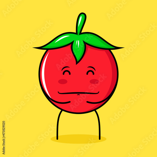 cute tomato character with happy expression  close eyes  both hands on stomach and smiling. green  red and yellow. suitable for emoticon  logo  mascot