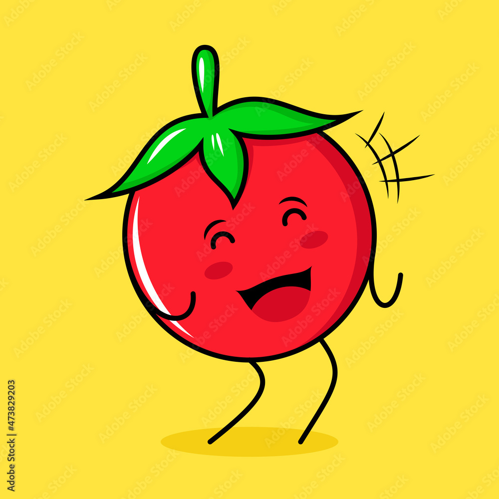 Obraz premium cute tomato character with happy expression, close eyes and mouth open. green, red and yellow. suitable for emoticon, logo, mascot