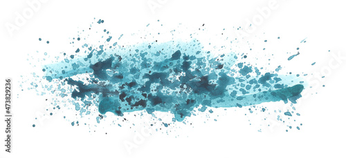 Art Watercolor flow blot with drops splash. Abstract texture blue color stain on white horizontal long background.