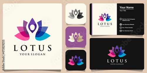 Abstract yoga human combined lotus logo. Thread person flower balance logotype. Creative spa, guru vector mark.