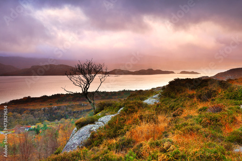 View of Upper Loch Torridon with approaching Storm in the distance. Torridon, West Highlands, Scotland, UK. photo