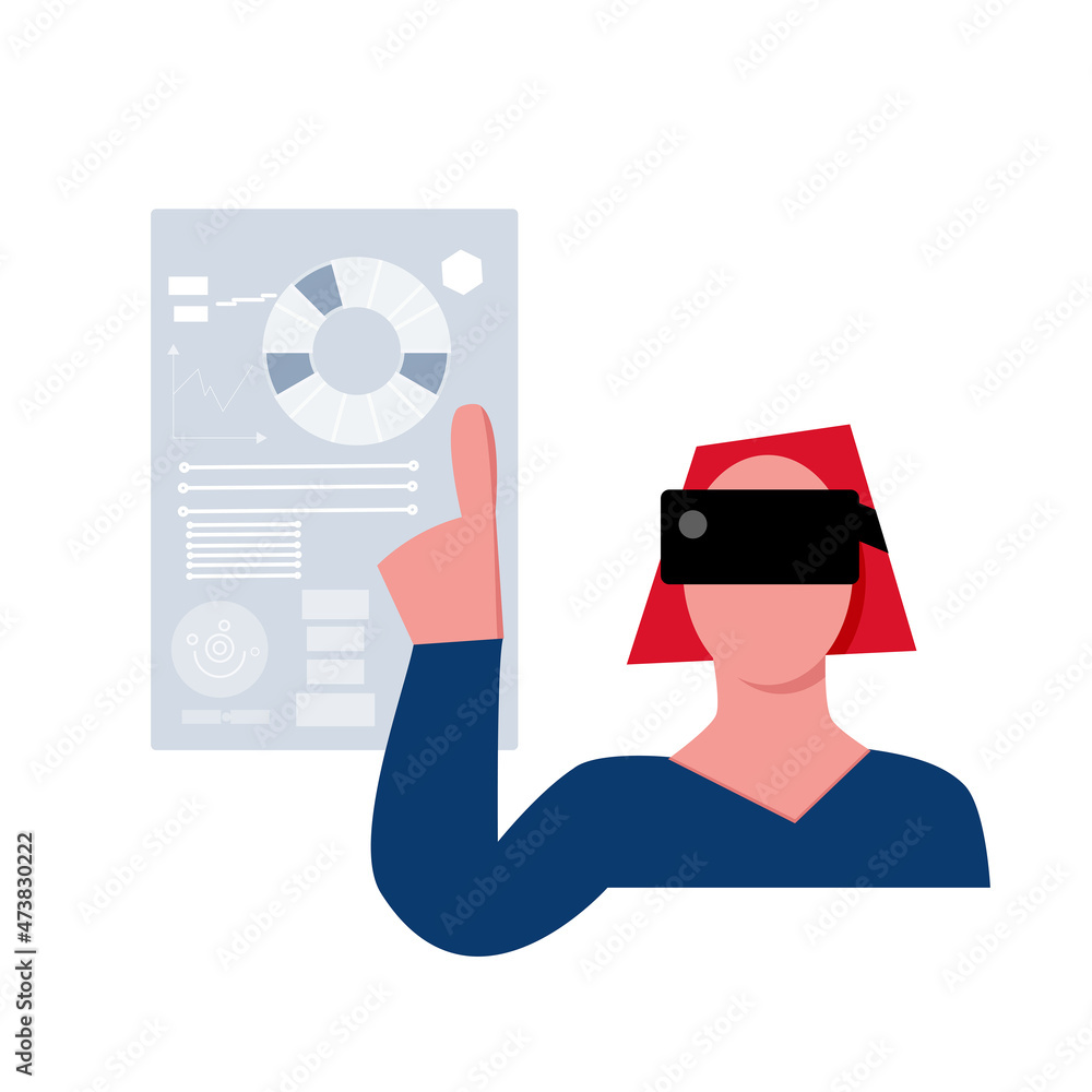 Flat women in vr glasses with finger up in metaverse