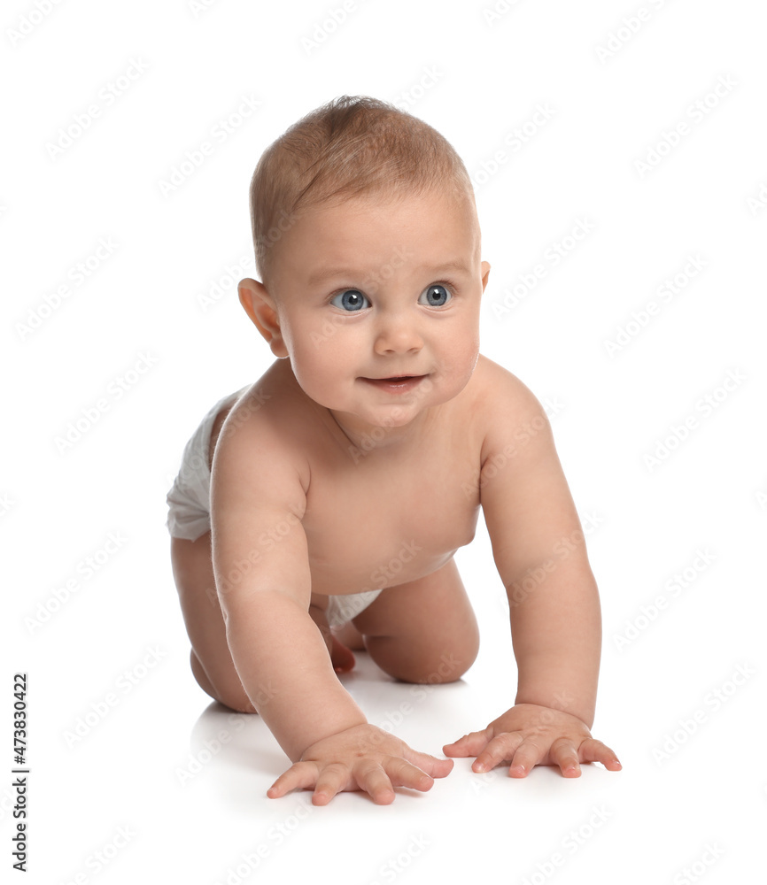 Cute little baby in diaper crawling on white background Cute little baby in diaper crawling on white background