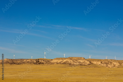 Late Fall Coloradoan Landscape with windmills. Pawnee National Grasslands in Northeastern Colorado, USA
