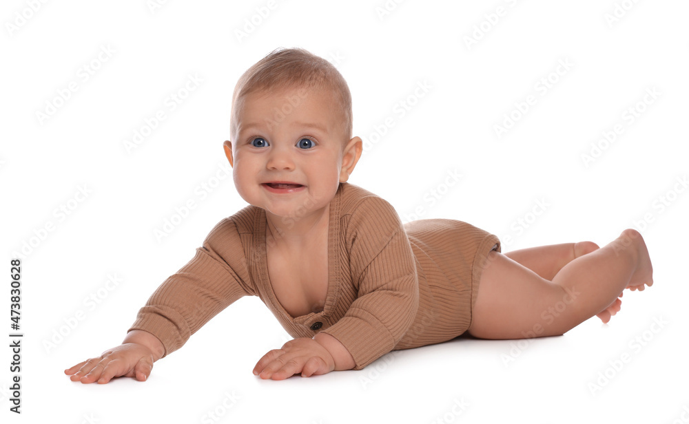 Cute little baby crawling on white background Cute little baby crawling on white background