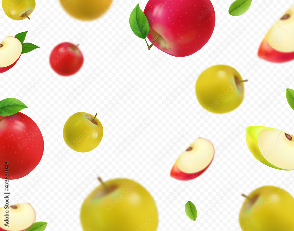 Falling green apples and red isolated on white background. Realistic fallong appls, 3D vector Falling green apples and red isolated on white background. Realistic fallong appls, 3D vector