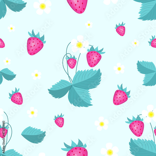 Seamless pattern of strawberry and leaves. flat vector illustration.