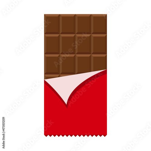 Flat illustration with bar of chocolate flat on white background. Sweet food. Vector isolated illustration.