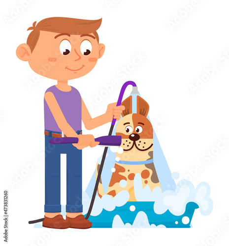 Boy showering dog. Pet grooming. Puppy taking bath