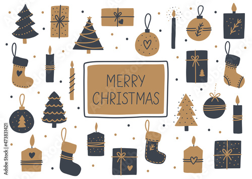 Merry Christmas hand lettering. Scandinavian Christmas set. Hand drawn Doodle elements. Vector illustration.