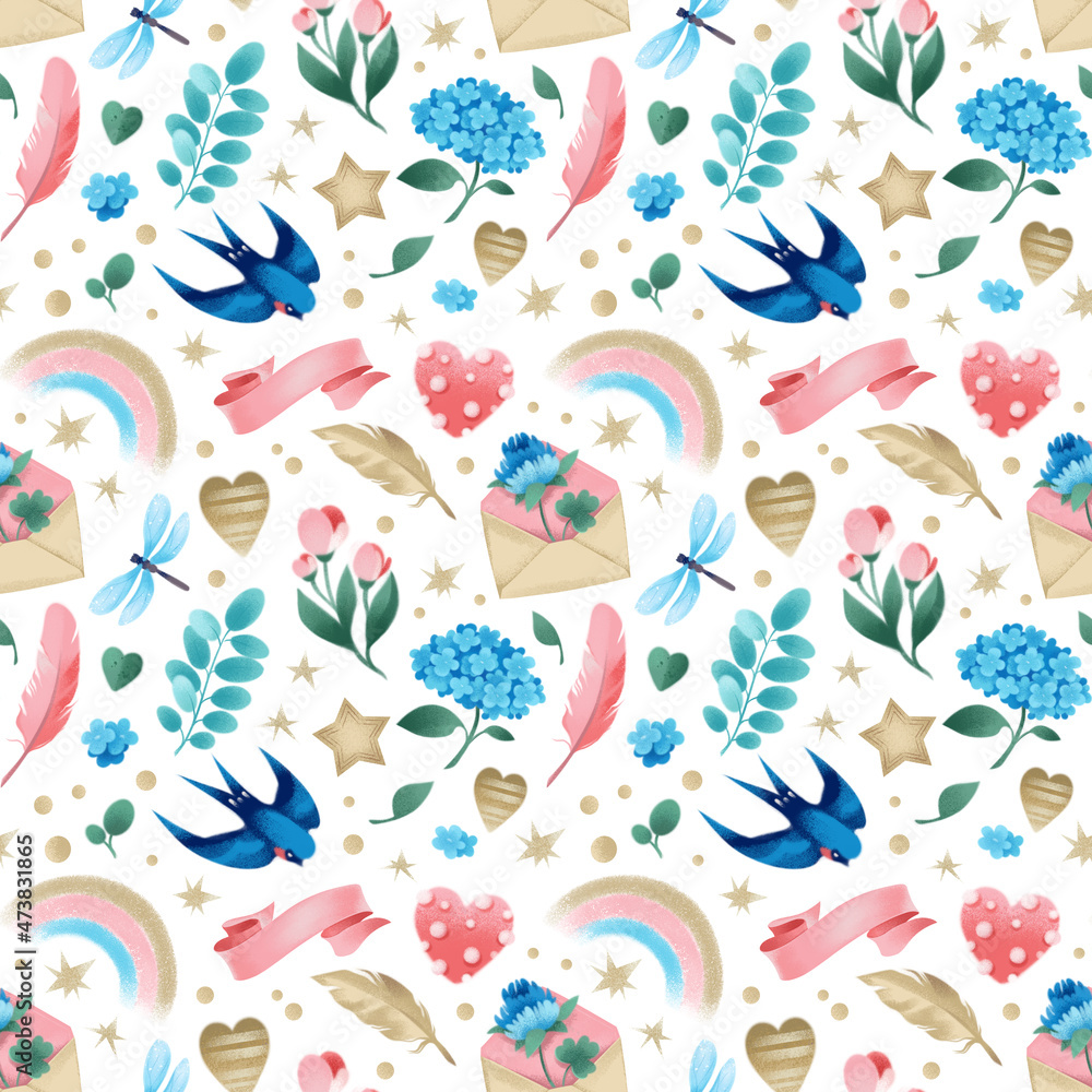 Seamless pattern with spring beautiful elements on a white background. Swallow, flowers, rainbow, dragonfly. Raster watercolor illustration in realistic style, hand drawing. Pastel print for textiles.
