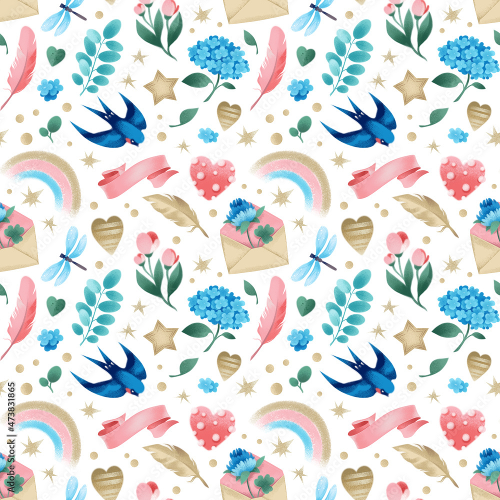 Fototapeta premium Seamless pattern with spring beautiful elements on a white background. Swallow, flowers, rainbow, dragonfly. Raster watercolor illustration in realistic style, hand drawing. Pastel print for textiles.