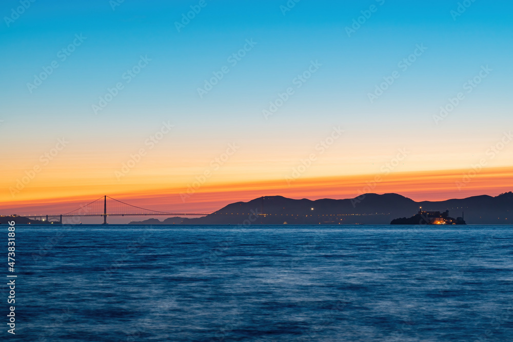 Sunset view of the famous Golden Gate Bridge
