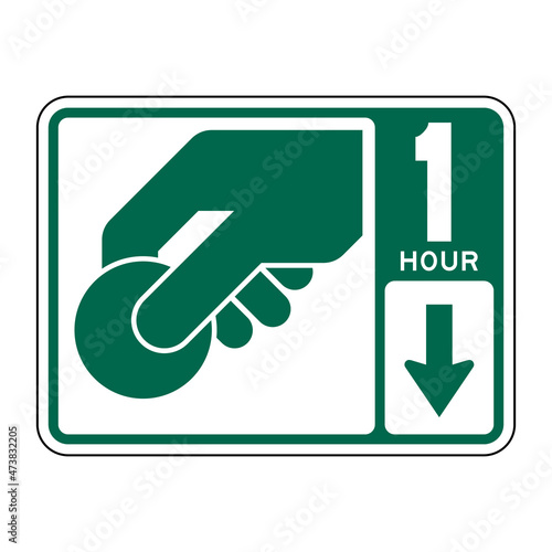 Parking fee station sign. Vector illustration of rectangle road sign with hand holding coin icon inside. United States traffic sign. Paid parking zone symbol. Car paid machine area. Pay for car park.