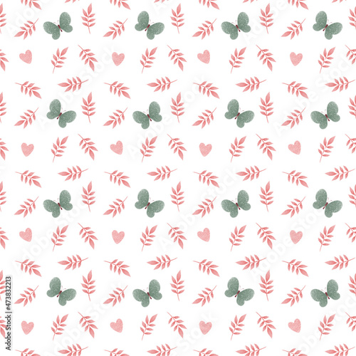 Wallpaper Mural Seamless pattern with pink plant sprigs and butterflies. Valentine's Day. Delicate pastel pattern with a symbol of love and care. Raster illustration in realistic style Torontodigital.ca