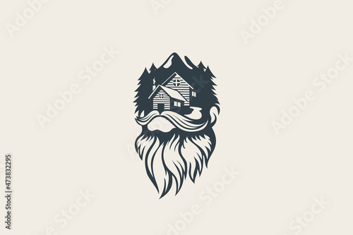 natural cabin logo with a combination of cabin, beard, forest and mountain views.