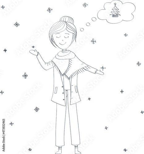 A girl dreams of a Christmas tree in winter. Snow is falling. Perfect for coloring.